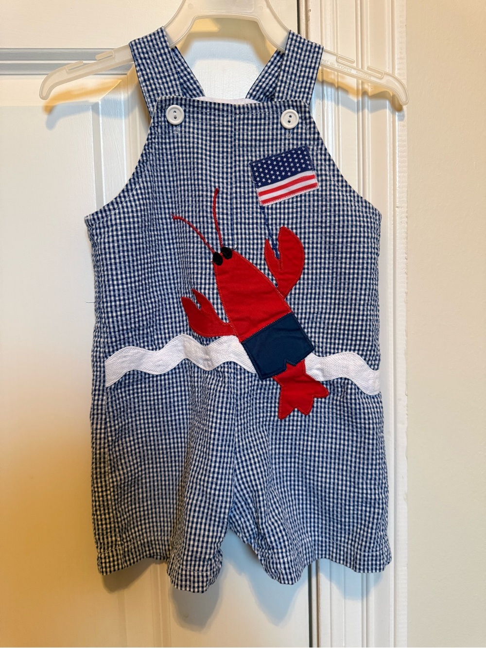 Navy Gingham Lobster Appliqué Kids Overalls